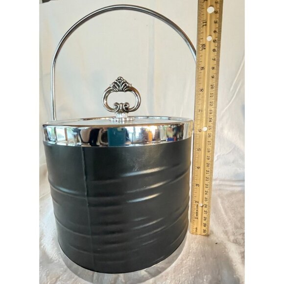 Vintage Black Vinyl & Chrome Ice Bucket Mid Century Barware Retro Entertaining - Picture 8 of 13